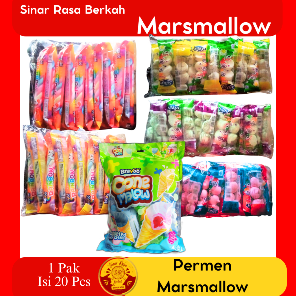 

Permen Marsmallow Bravoo Cone Ice Cream Malow isi 20 pcs/Silkys Marsmallow Rainbow Isi 20 pcs/Silkys Marsmallow Minipao Isi 20 pcs