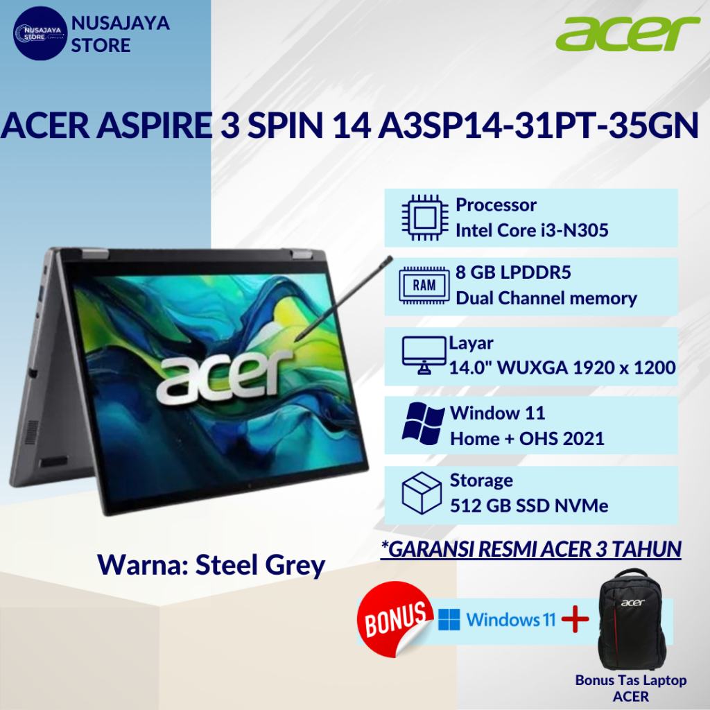 ACER ASPIRE 3 SPIN 14 A3SP14-31PT-35GN I3-N305 8GB 512GB TOUCH 14" W11