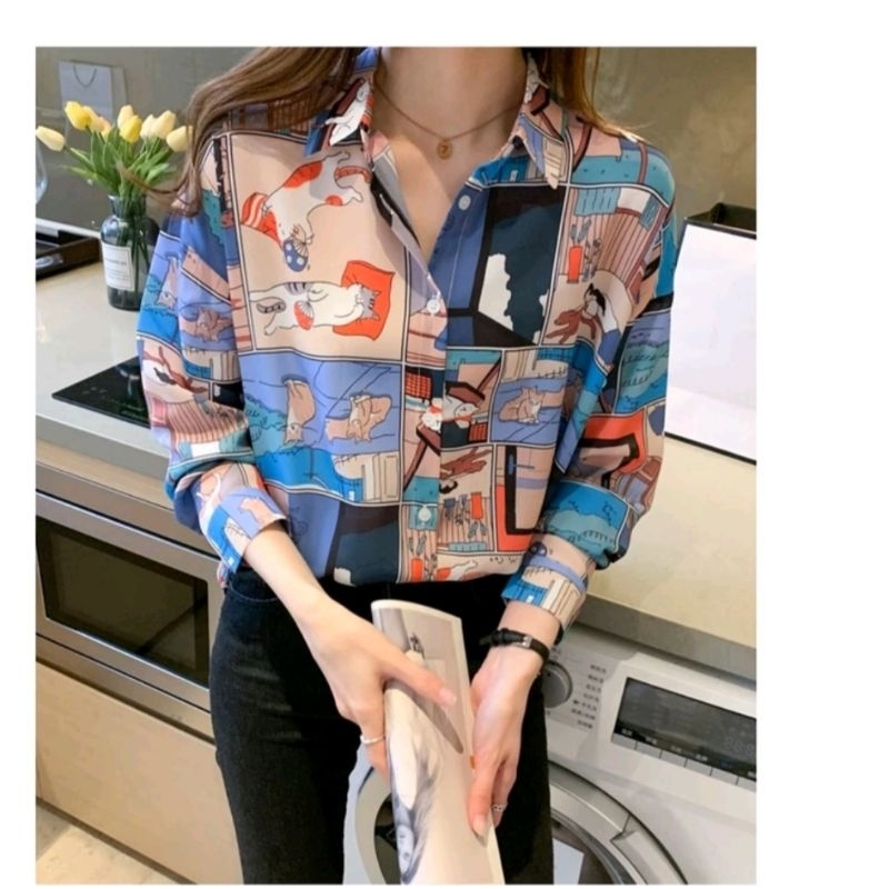 Kemeja Korea Fashion Wanita Lengan Panjang Motif Kartun Pink Sifon Kain Lembut abstrak casual korean