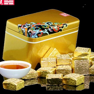 

chinese Tea mini Pu er cha matang kotak kaleng emas 250gr Phu er racikan 03