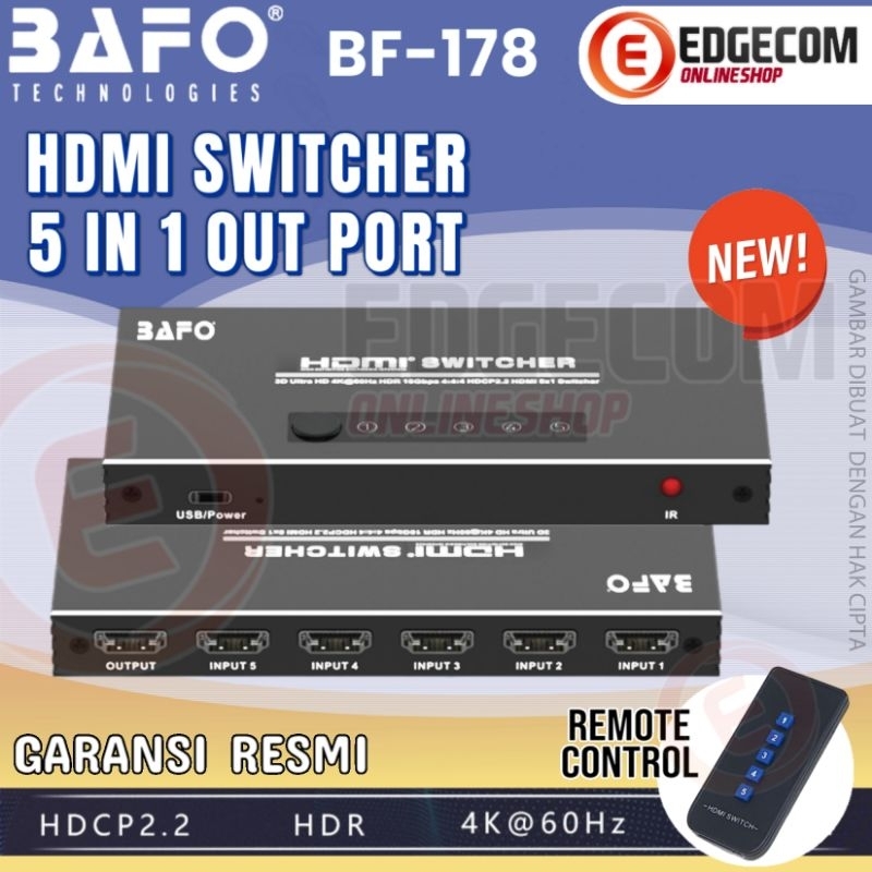 BAFO HDMI Switcher 5 IN 1 OUT 4K 1080p Switch HDMI 2.0 ORIGINAL BAFO BF-178