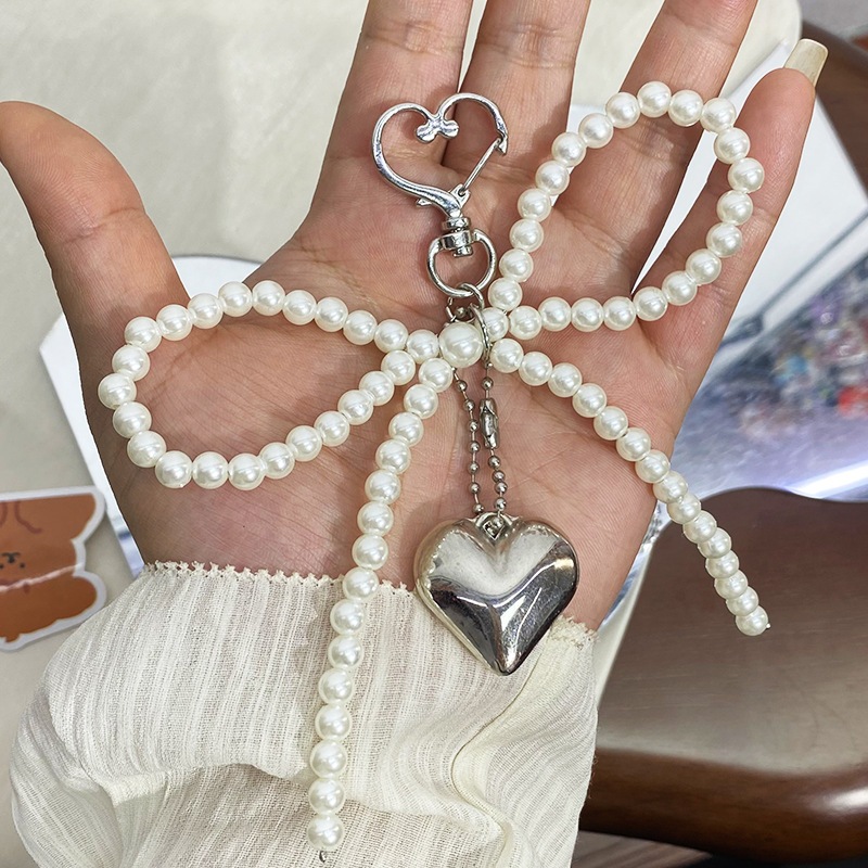 Gantungan Kunci Liontin Tas Mutiara Pita  Rantai Ponsel HP Hati Love Ribbon Keychain pearl