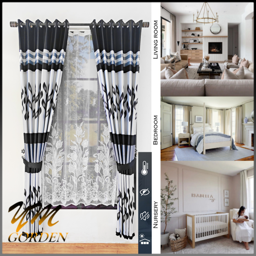 Gorden Jendela Pintu minimalis Moderen Kain Blackout tebal lembut halus Motif printing Mewah Hitam H