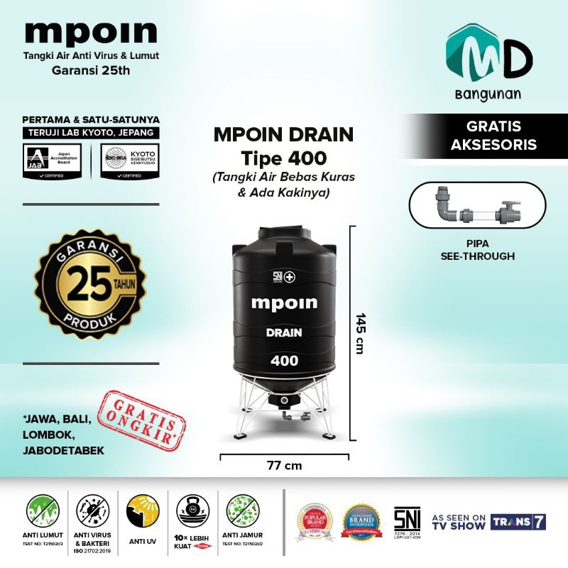 TANGKI TANDON TOREN AIR MPOIN TIPE DRAIN 400 600 800 1200 1600 LITER BEBAS KURAS ANTI JAMUR ANTI LUM