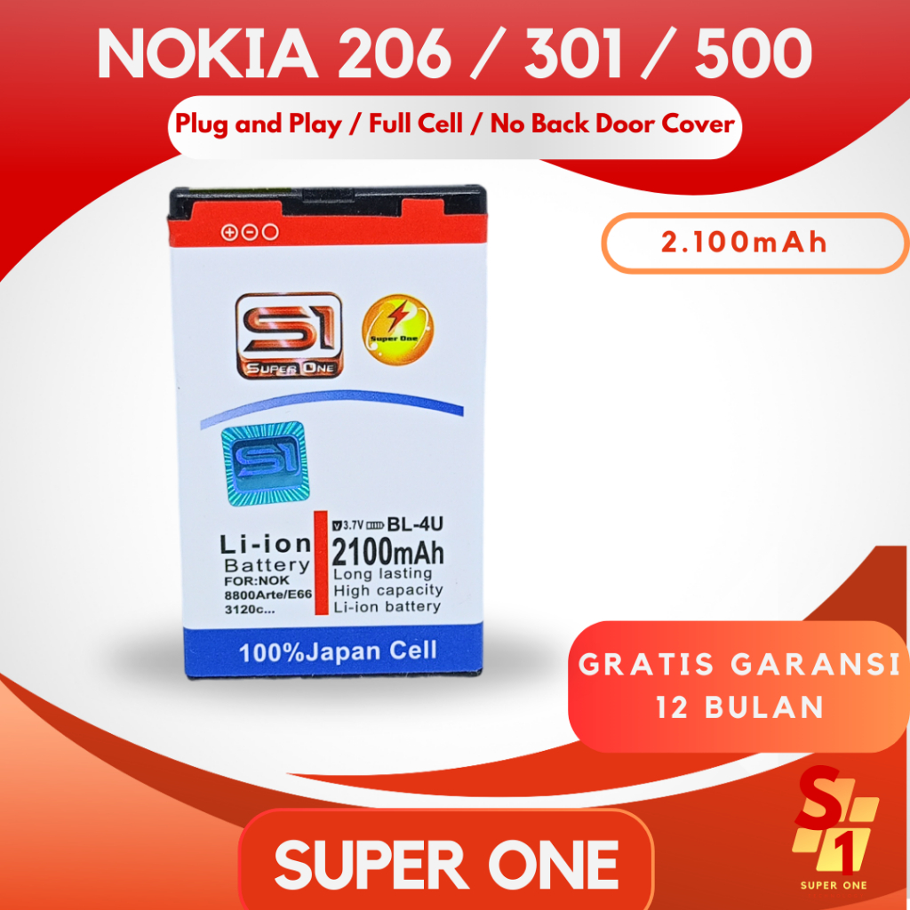 Super One - Original Baterai Nokia 206 / 301 / 500 Battery 2.100mAh For HP Type BL-4U Batre Power