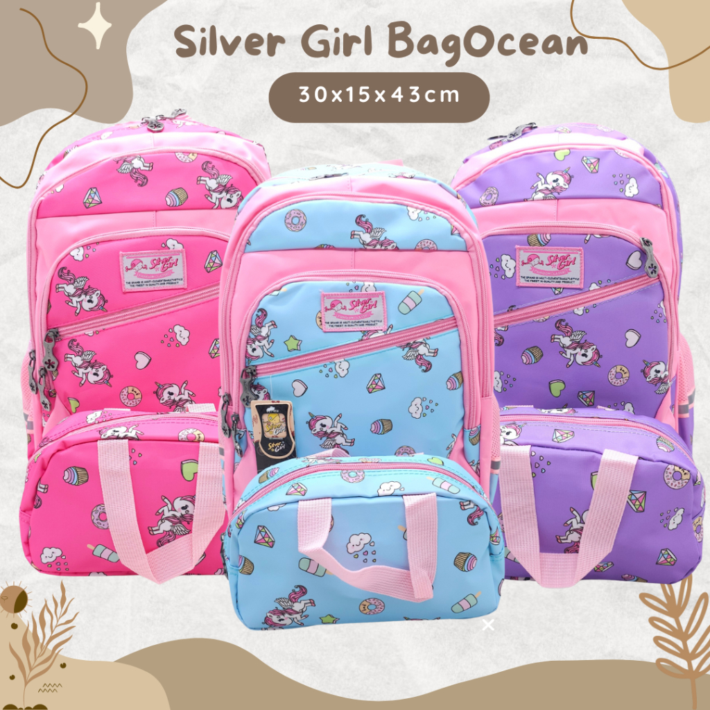 Tas Silver Girl Unicorn Kanvas Anti Air Banyak Ruang 18 Inchi Original Free Hadiah / Tas Sekolah Alt