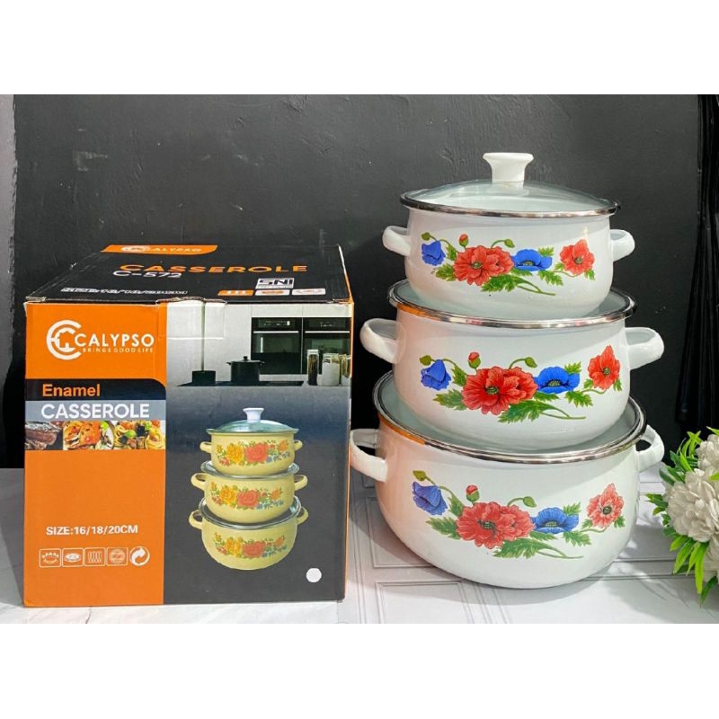Panci Set Enamel Motif Kembang 3 Pcs Tutup Kaca / Panci Bunga 3 Susun