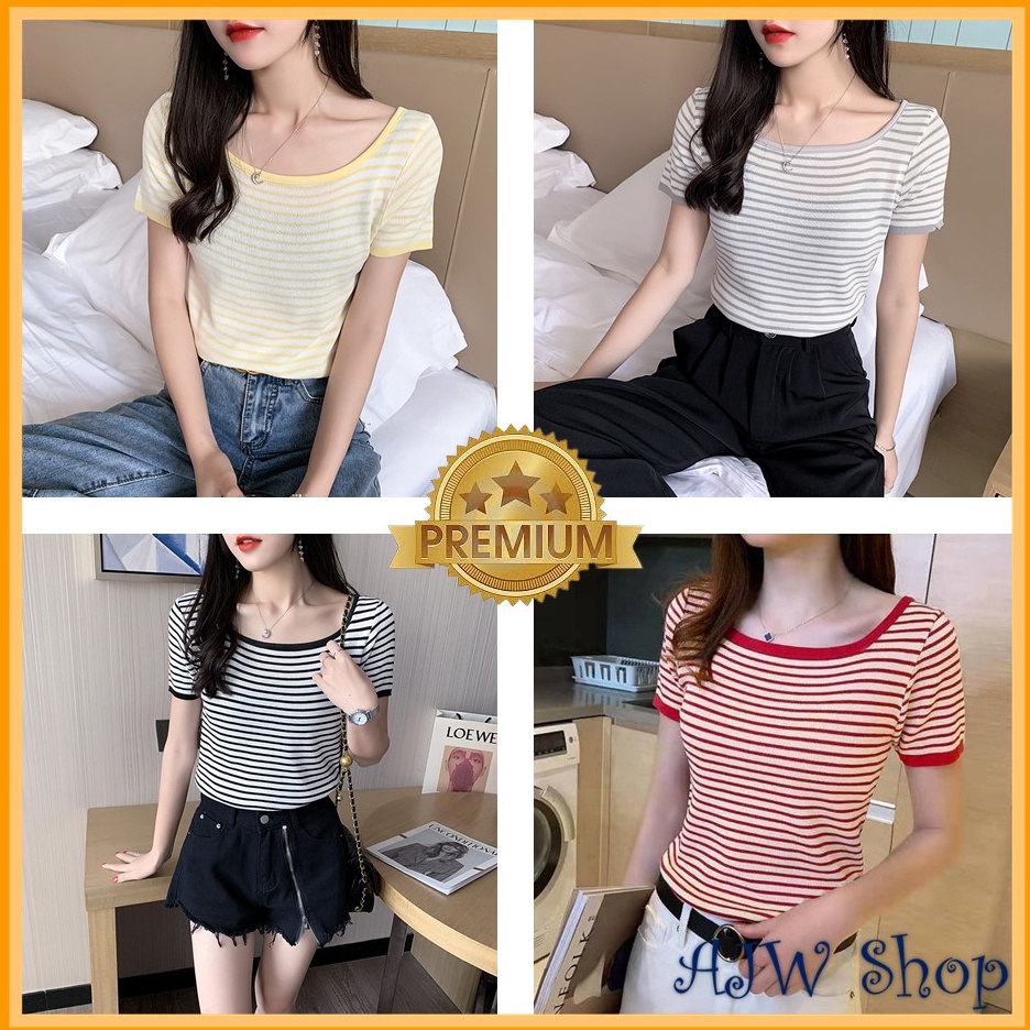 HOT PROMO AJW Rajut Stripe Wanita Lengan Pendek Sexy Garis Garis HA  Kaos Pendek Wanita  Kaos Rajut 