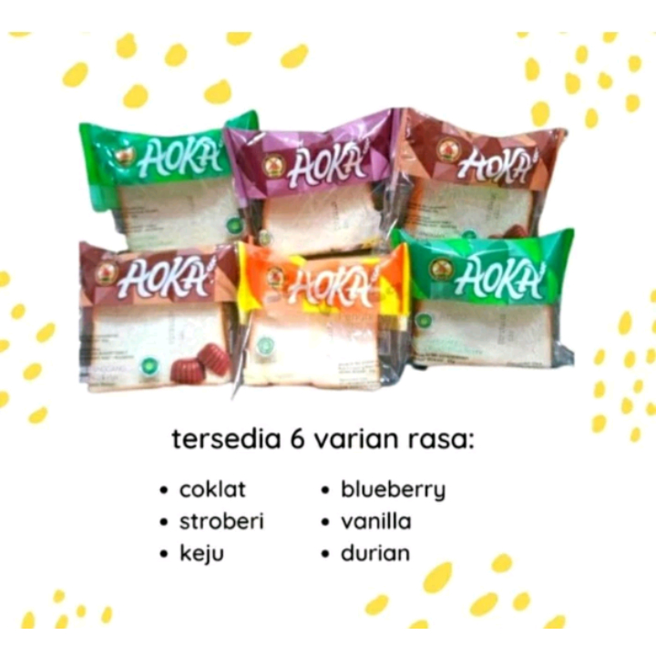 

roti aoka 65gr kelapa pandan nanas coklat blueberry susu vanila keju durian strawberry