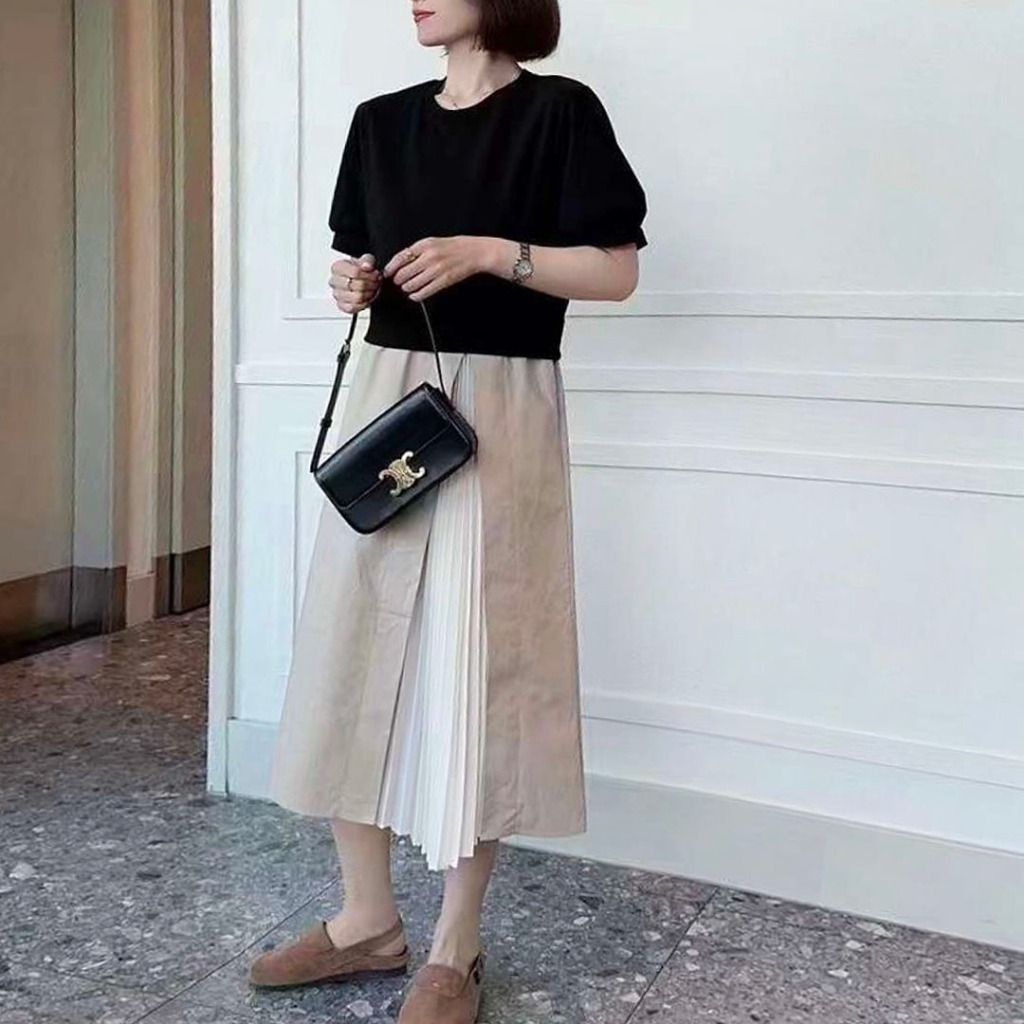 DRESS MIDI TOP KAOS HITAM &  LINEN BELAH LAPIS CHIFFON PUTIH PRISKET KOREA  IMPORT