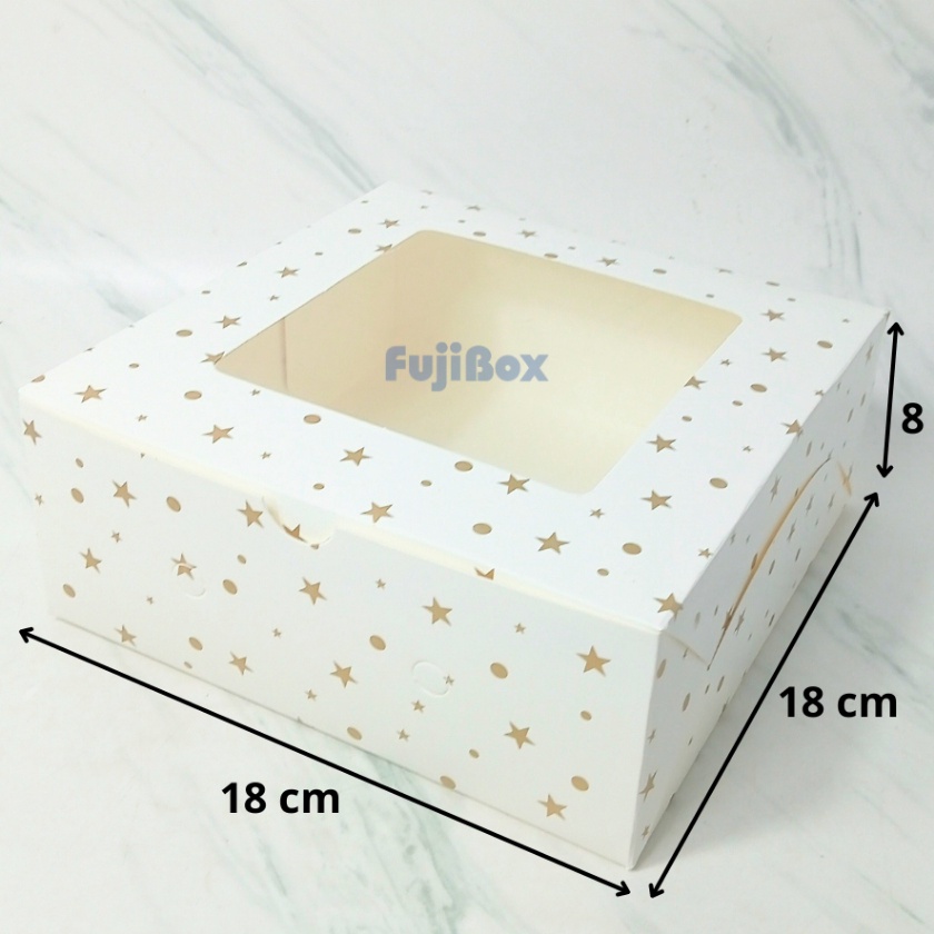 

KI3 1 Pcs Fuji Box Dus Kotak Kue Ivory Motif Polkadot Bintang Emas 18 cm x 18 cm x 8 cm Putih Ivory Premium Jendela