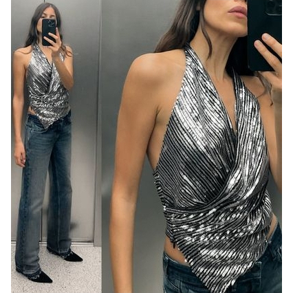 ZARA SILVER SEQUIN HALTER NECK BLOUSE