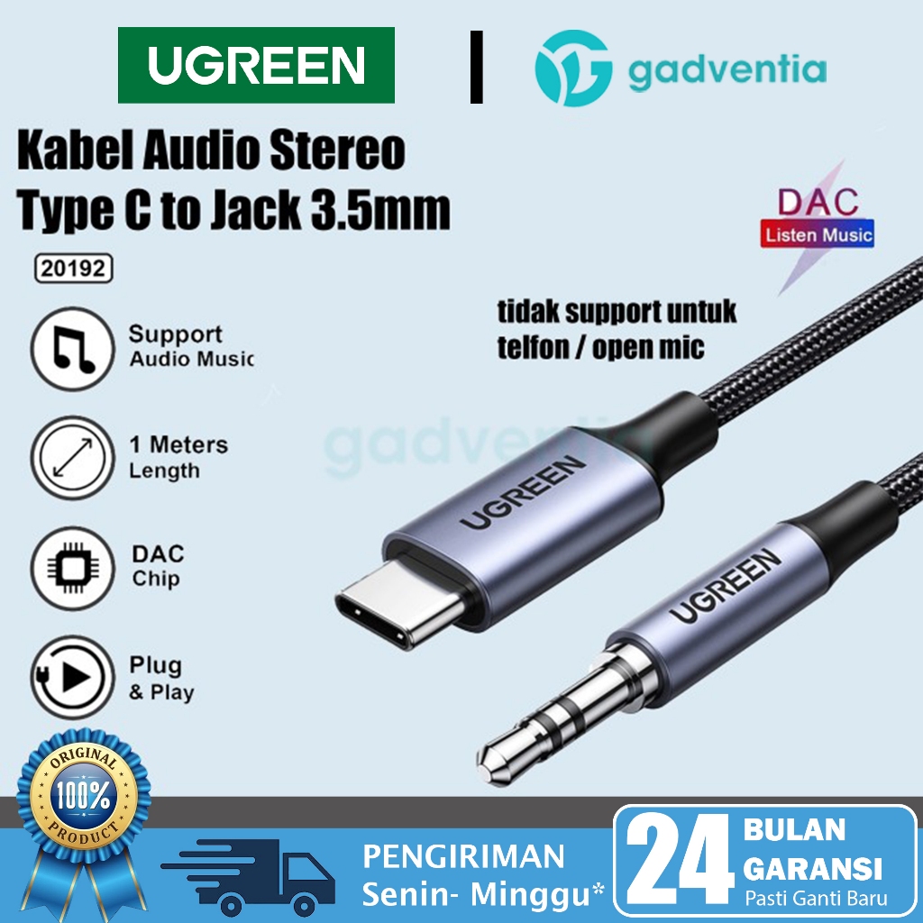 UGREEN Usb Type C Aux  Car Converter Audio DAC Chip Music HP Android Type-C ke Mobil Headphone Speak
