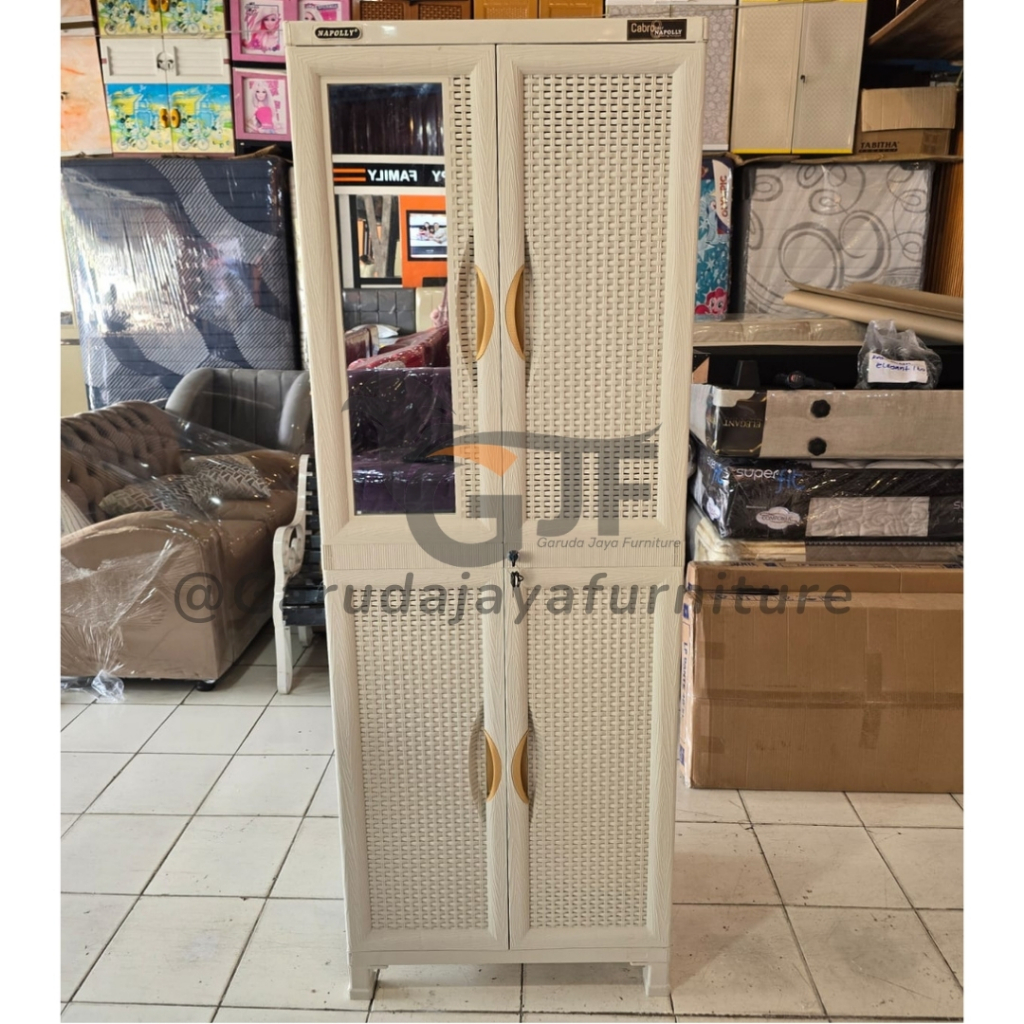 LEMARI PAKAIAN PLASTIK 2 PINTU DENGAN CERMIN DAN GANTUNGAN/ LEMARI BAJU MOTIF ROTAN NAPOLLY CABRO