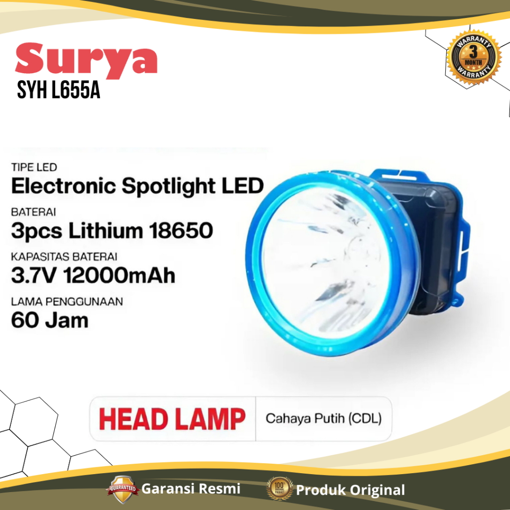 Senter Kepala Surya SYH L655A Cahaya Putih / Senter Kepala Hiking Super Terang / Senter Kepala Surya