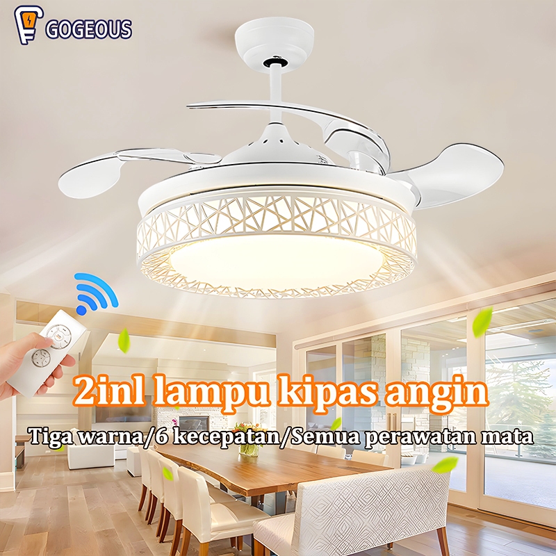 Gogeous lampu kipas angin gantung plafon kipas 3 warna sarang burung putih lampu kipas angin remote 