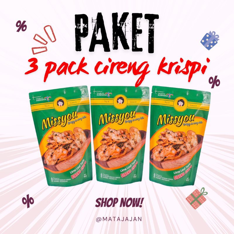 

Paket 3 pack Kripik Cireng Krispy Aroma Daun Jeruk merk Missyou
