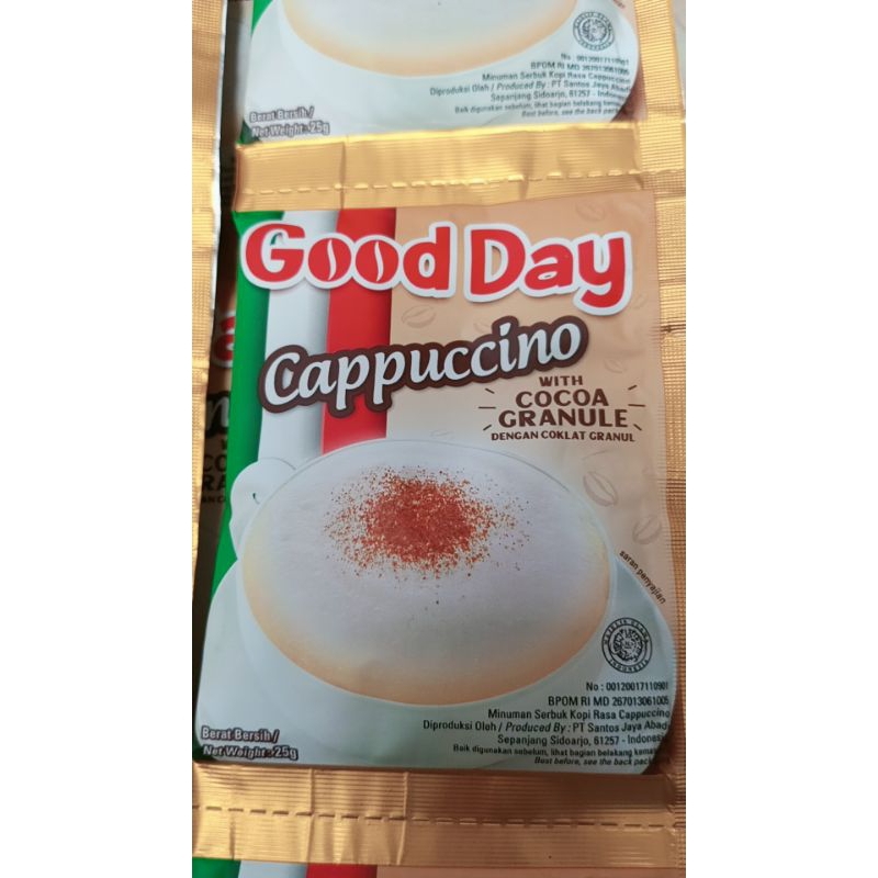 

Good Day Cappuccino with Cocoa Granule Rentengan isi10pcs | minuman kopi rasa capucino dengan coklat granul