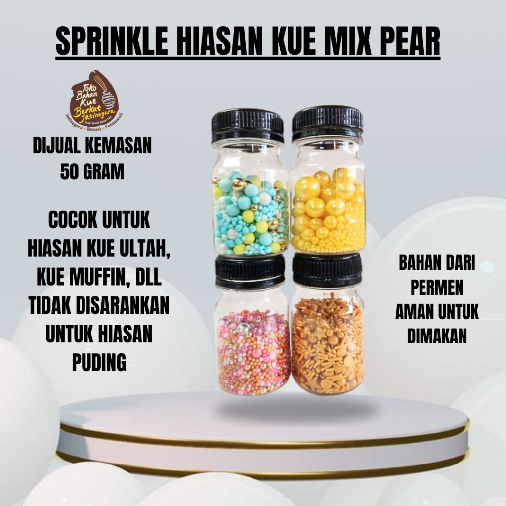 

SPRINKLE MUTIARA MIX PEAR ALL VARIAN / SPRINKLE HIASAN KUE / MUTIARA HIASAN KUE 50 GR