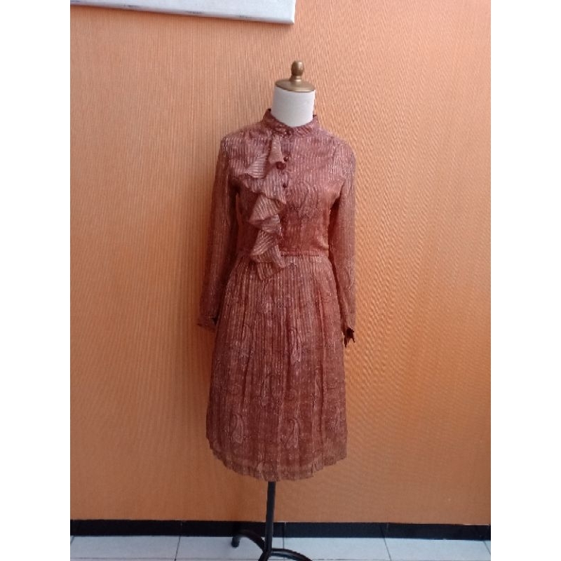 midi dress wanita coklat motif batik M cewek lengan panjang bagus