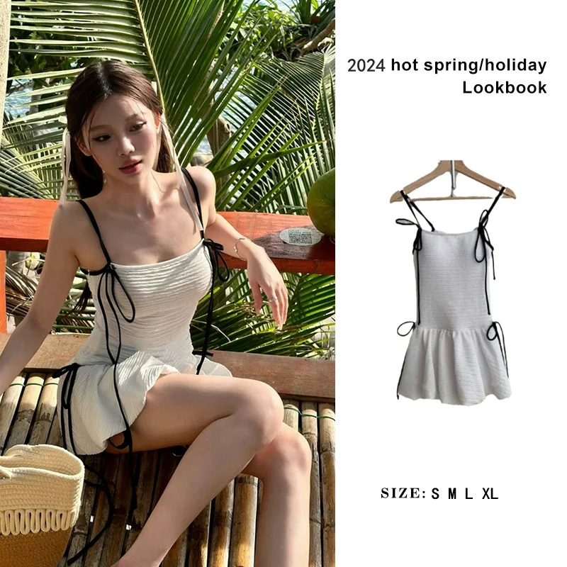 White Camisole Gathered Triangle Bottom Pants One-piece Swimming Dress Conservative Tight, Slimming 