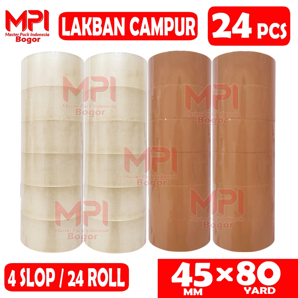 

PAKET 4 SLOP [ 24 PCS ] - 2 Slop Lakban Coklat + 2 Slop Bening 45 mm x 80 Yard - Lakban MPI Bogor