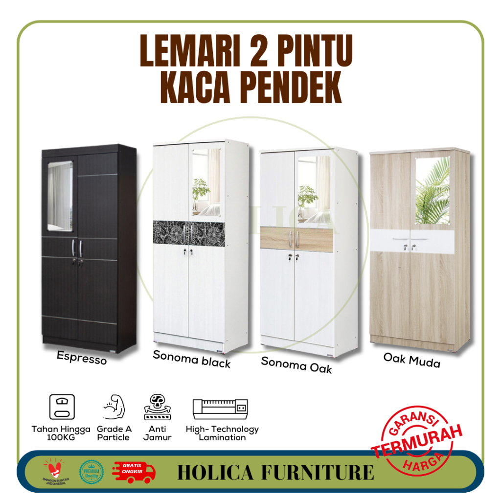 Lemari Pakaian 2 Pintu Modern Minimalis (Kaca Pendek)