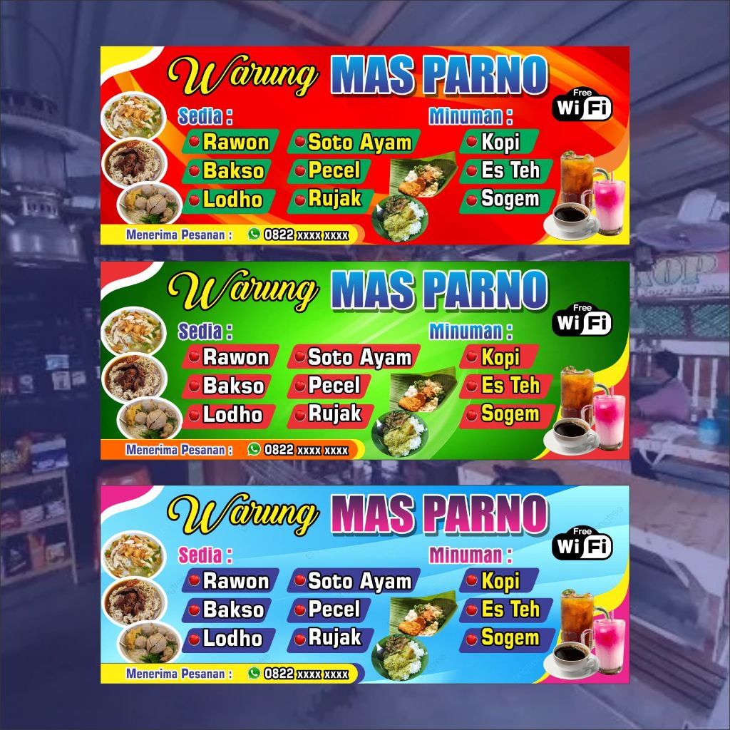 spanduk plang warung / spanduk kedai warung ukuran 2 meter x 75 cm / free desain spanduk plangmakana