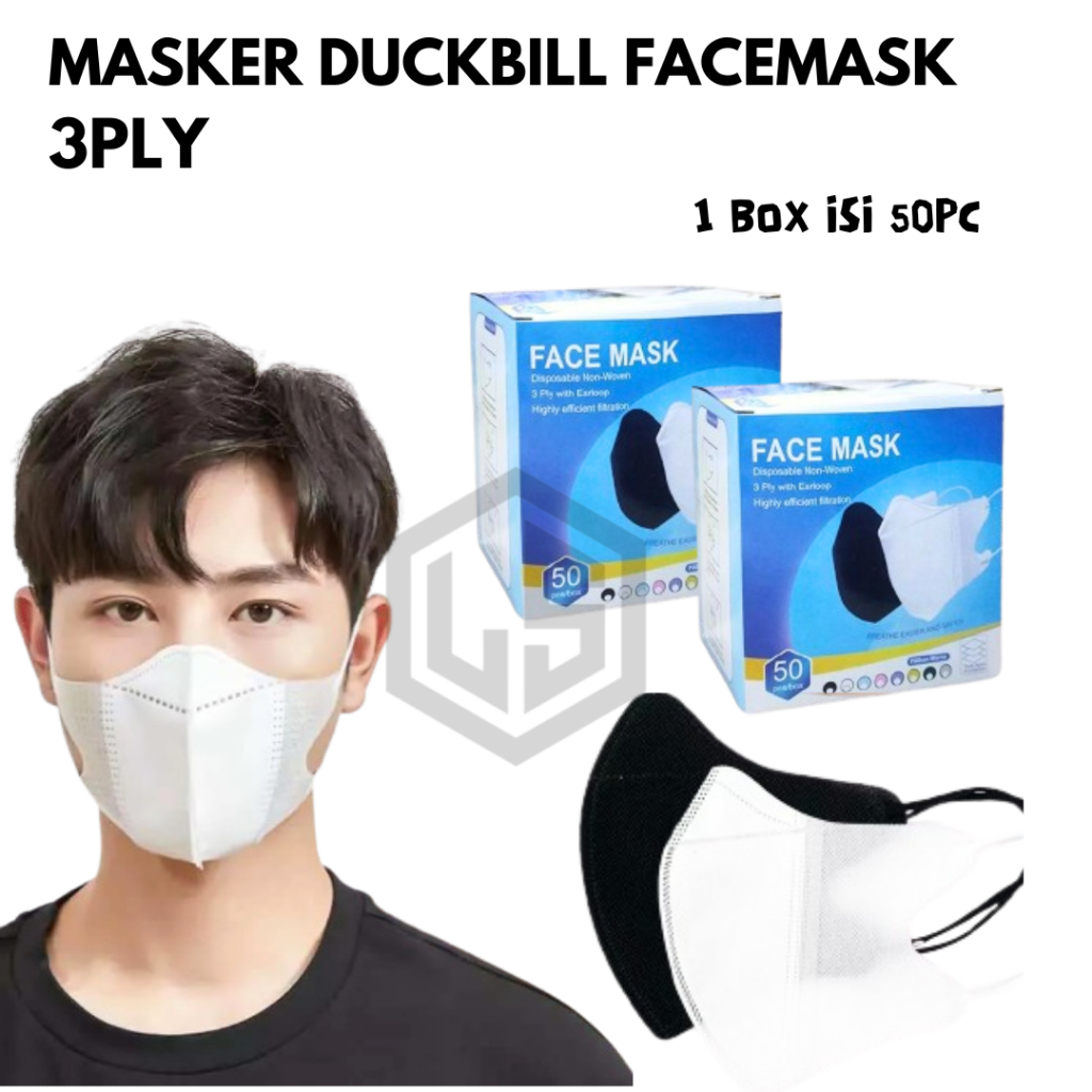 Masker Duckbill faceMask 1Box Isi 50Pcs Masker Duckbill Earloop Disposable Putih Hitam