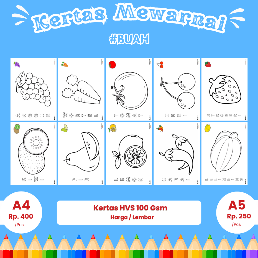 

Gambar Mewarnai Buah A4 / A5 Kertas Sketsa / Kertas 100 GSM Menggambar ANAK TK PAUD SD