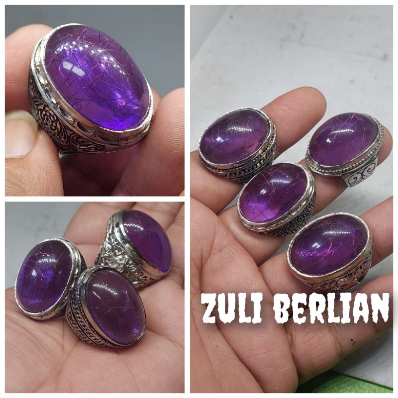 Cincin batu kecubung ungu amethyst rambut emas