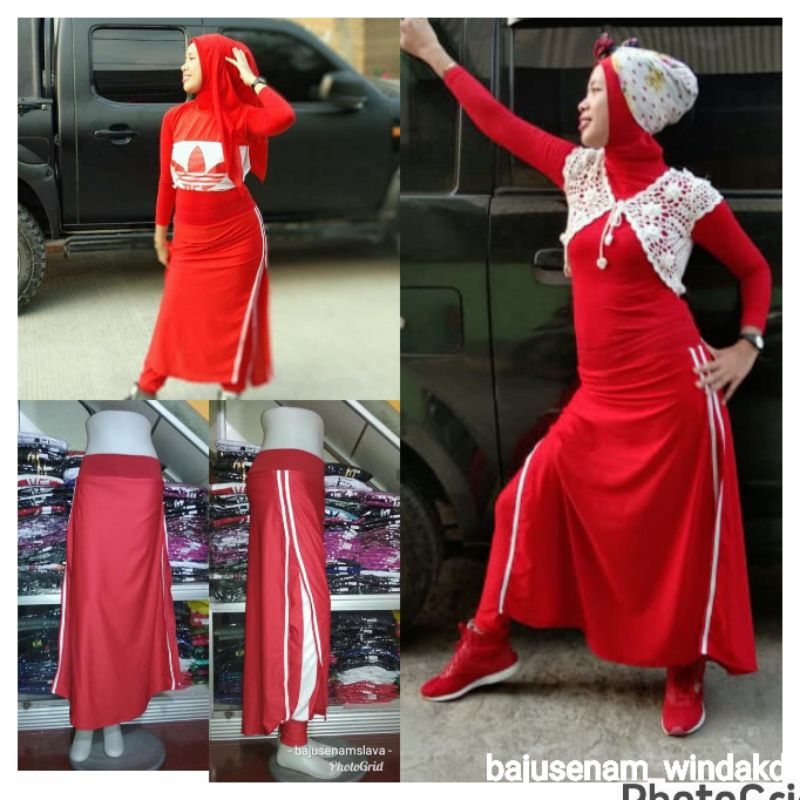 Celana Rok Senam Panjang Merah Putih/ Celana Rok Senam Muslim Merah Putih
