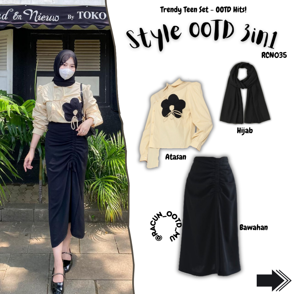 One set OOTD Kekinian Wanita 3in1 Hijab Pashmina Ceruty Premium & Atasan Kemeja Bunga || ROK SERUT
