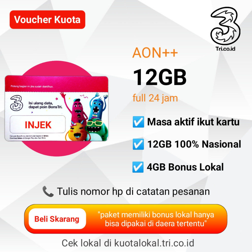 Paket data AON Injek Tri/3/Three 12GB Nasional & bonus lokal
