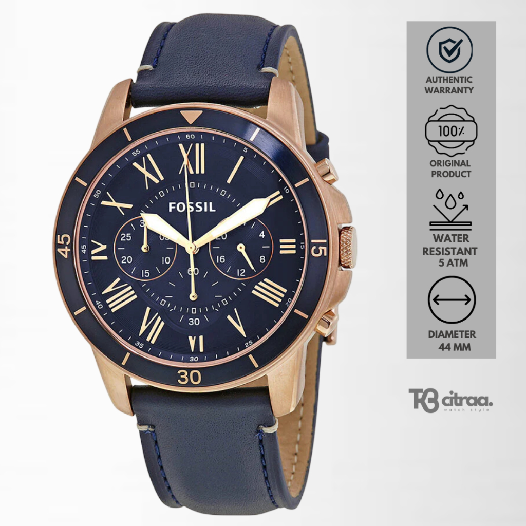 jam tangan fashion pria Fossil men Grant analog strap kulit Chronograph cowok Blue Dial Genuine Leat