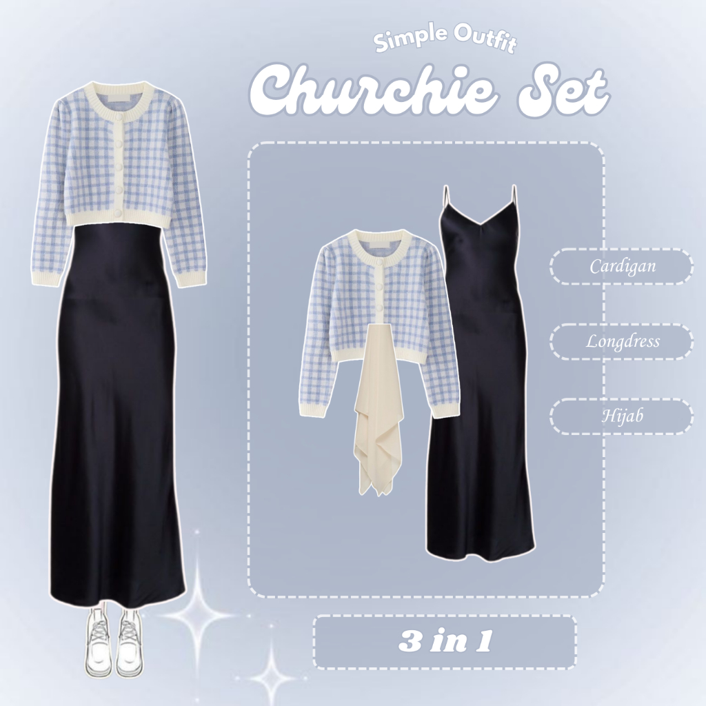 Styl Churchie Set | Outfit Hijab Set ( Cardigan Crop + Longdress + Hijab ) | One Set Korean Style