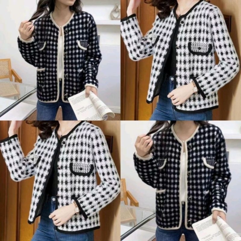 Cardigan tweed rajut wanita import premium