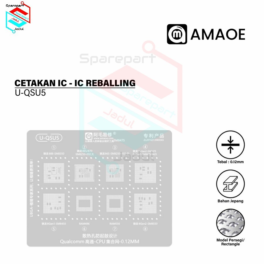 Amaoe U-QSU5 Cetakan IC BGA Reballing Stencil for Qualcomm Snapdragon CPU 888-SM8350/865/SM8250-002/