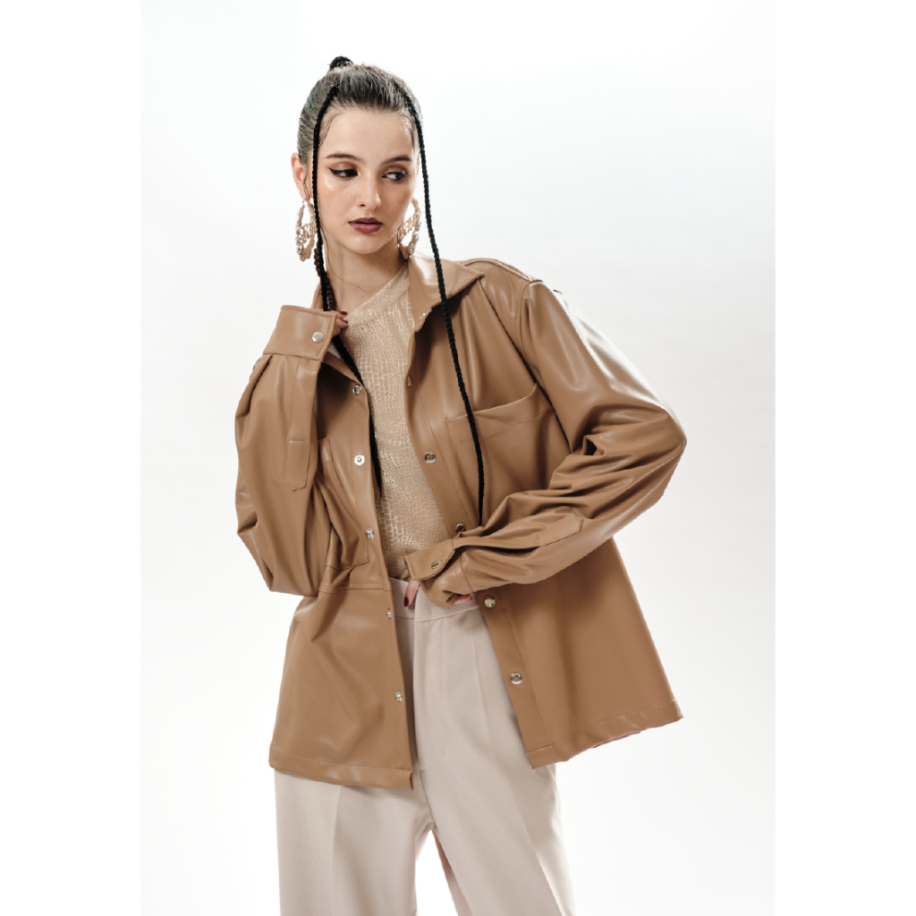 OCWA OVERSIZED ELON CARAMEL BROWN LONG SLEEVE LEATHER SHIRT WOMAN