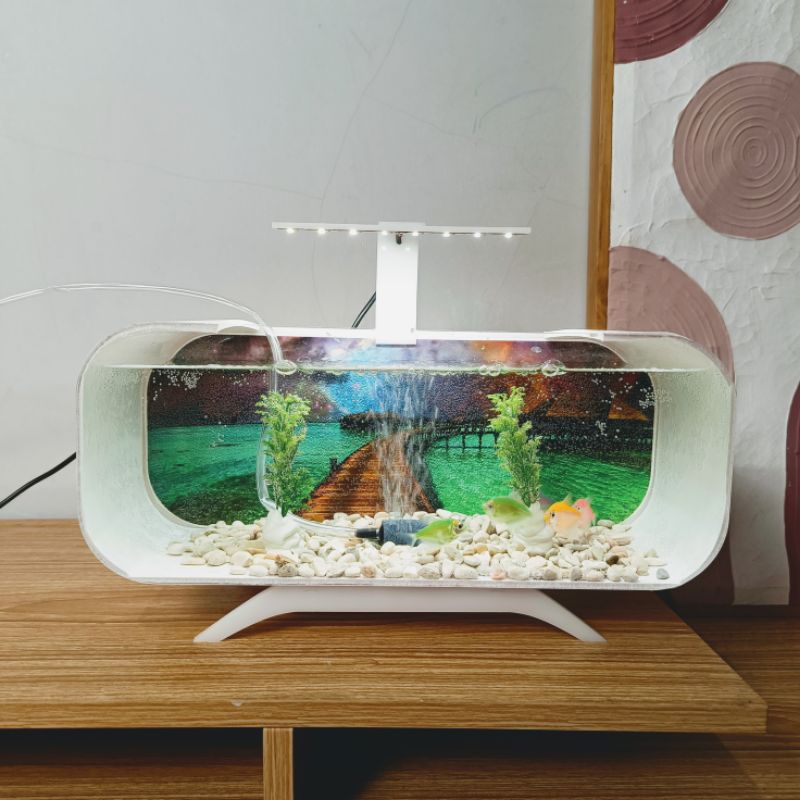 (Bisa COD) Aquarium Mini PVC plus Pompa Aerator Oksigen dan Lampu LED / Aquarium Ikan Hias / Aquariu