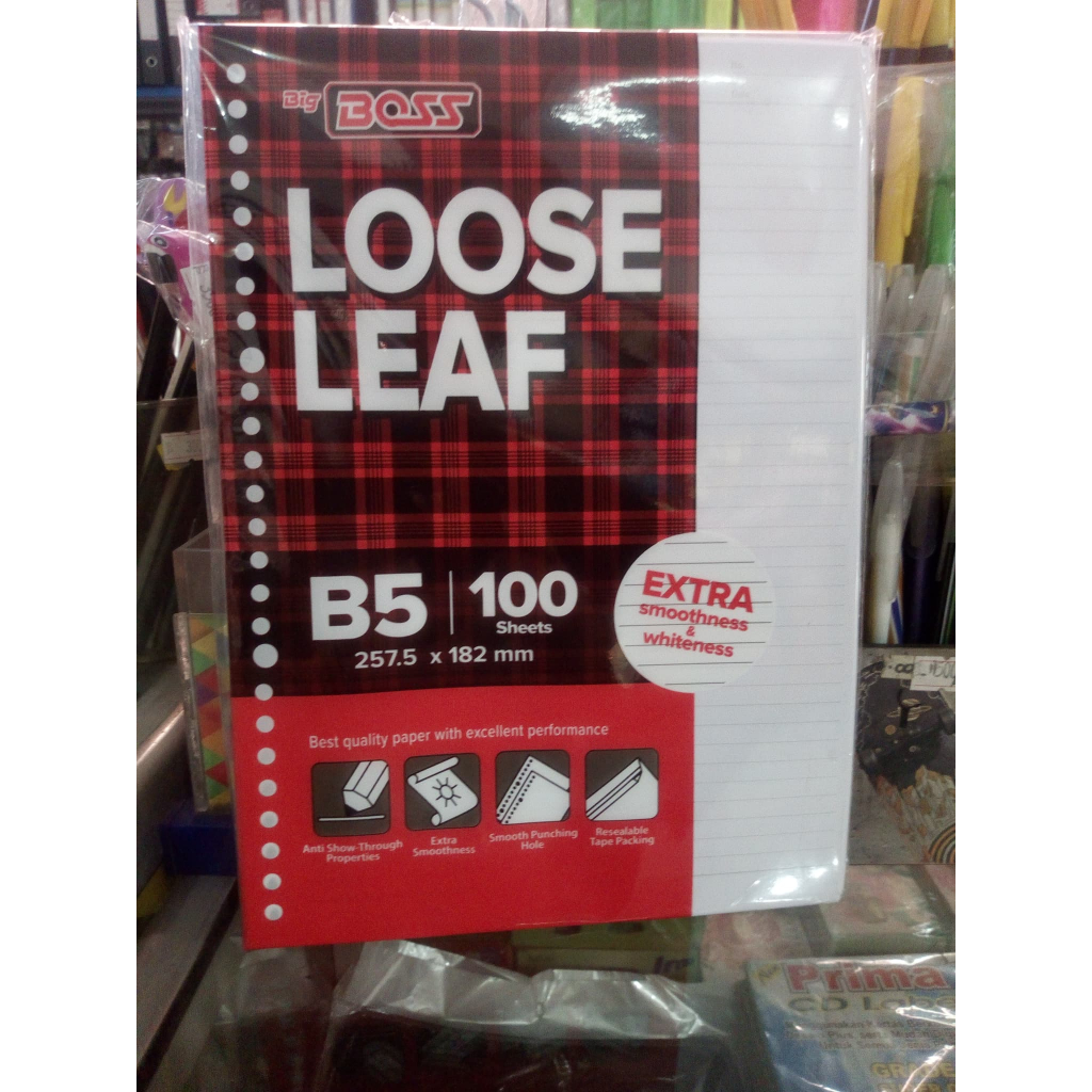 

kertas binder loose leaf ukuran B5 bergaris merk big boss 1 pack isi 100 lembar
