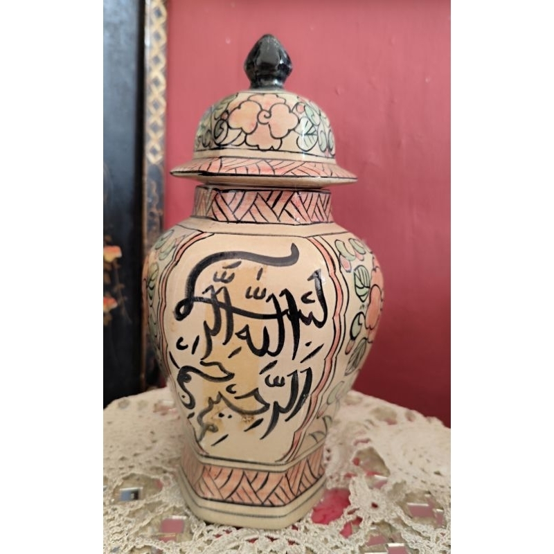 Guci Vintage lukisan Tangan Kaligrafi keramik Porselen Antik T:26cm Mulus Minus Noda