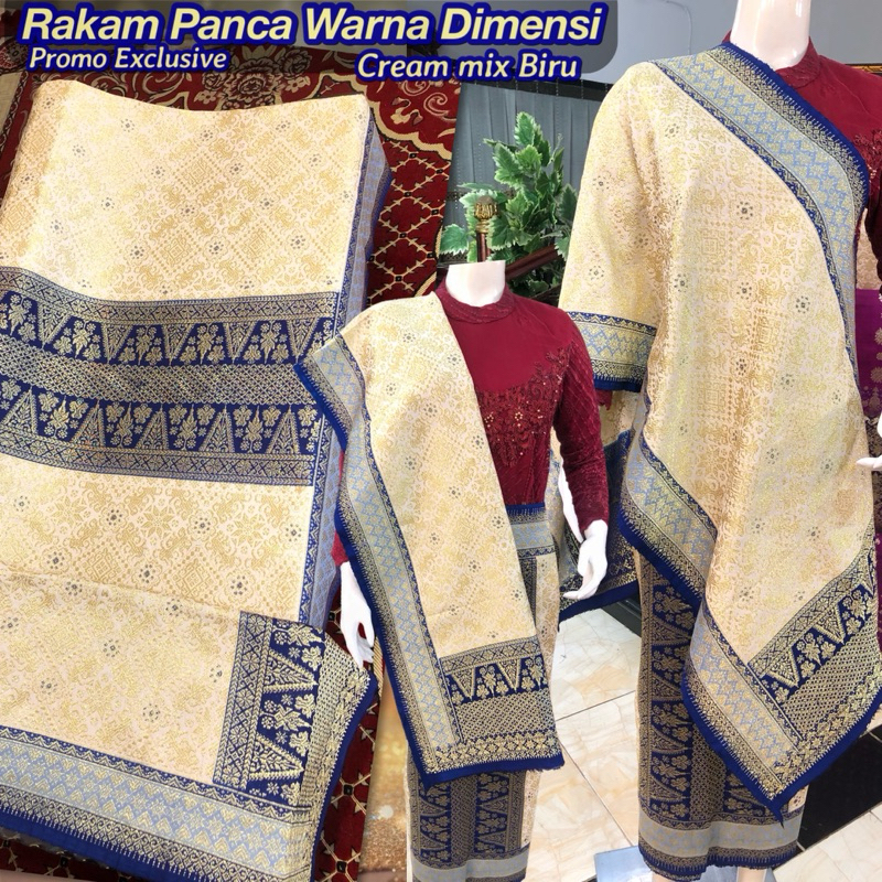 Songket Rakam Panca Warna Dimensi Promo/ Cream Mix Biru songket tenun asli palembang /ilham songket 