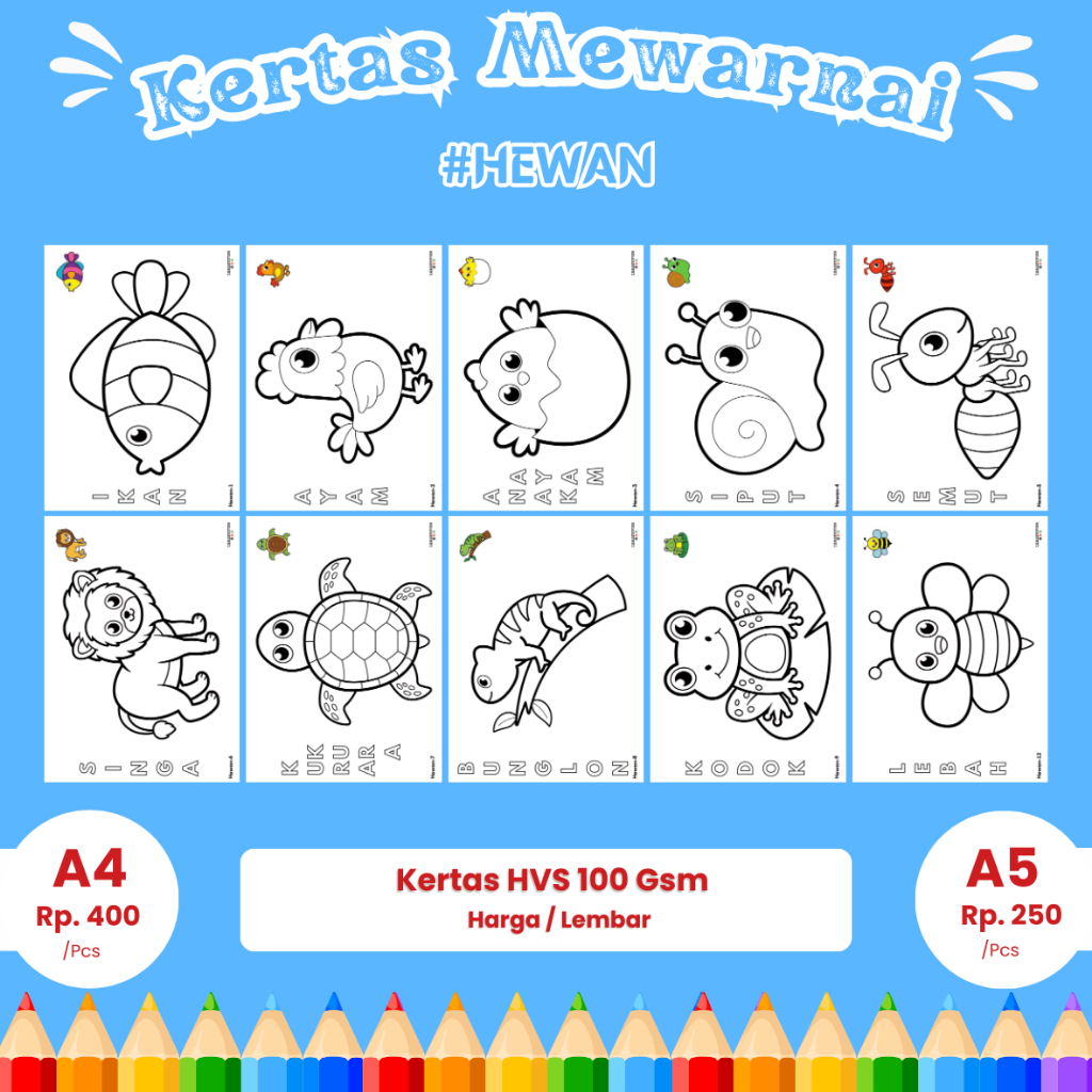 

Gambar Mewarnai Hewan A4 / A5 Kertas Sketsa / Kertas 100 GSM Menggambar ANAK TK PAUD SD