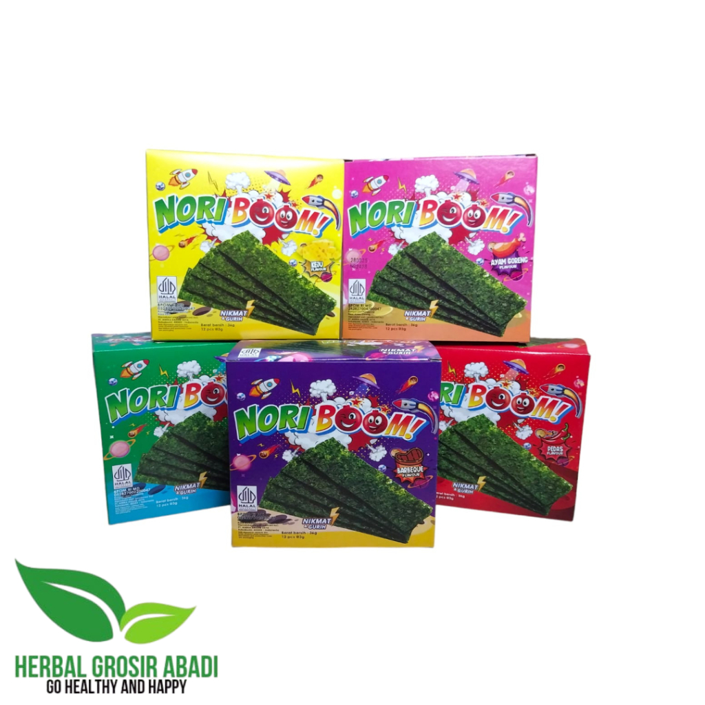 

NORI BOOM! Cemilan Rumput Laut Panggang 5 Rasa I Snack NORIBOOM Rumput Laut Per Box isi 12 Pcs