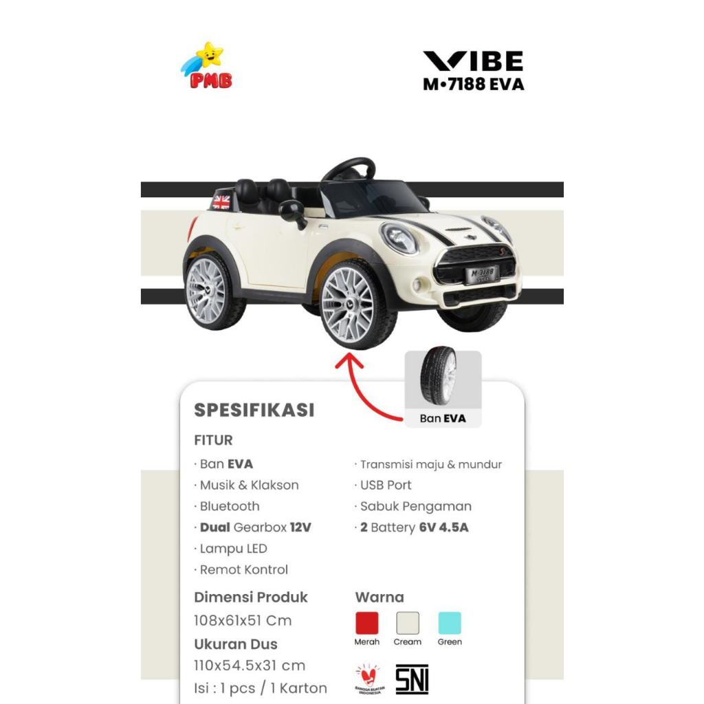 MOBIL ANAK MINI COOPER MORTEIN EVA VIBE M7188 AKI REMOTE KONTROL