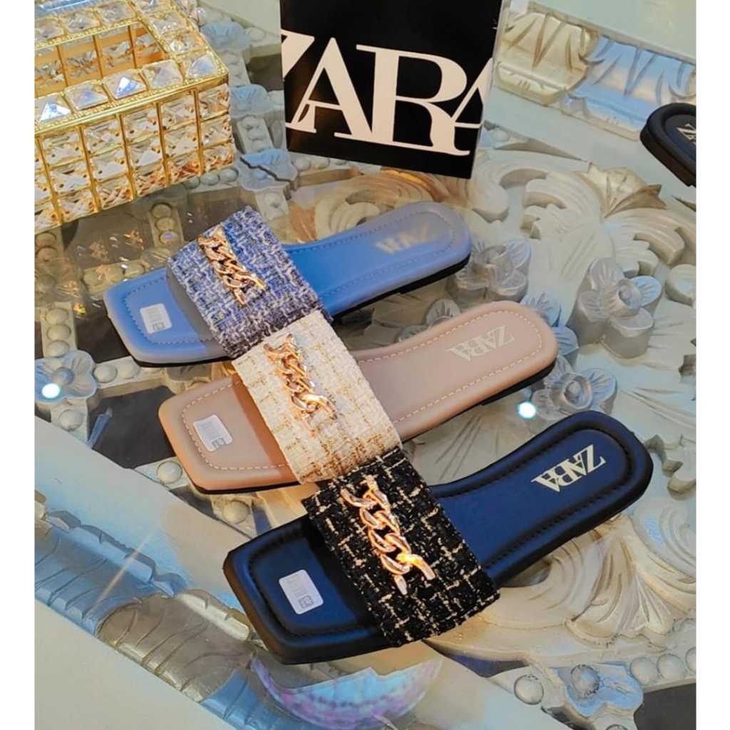 SANDAL SELOP FLAT ZARA RANTAI TWEET PREMIUM KEKINIAN KOREAN STYLE KODE A18B