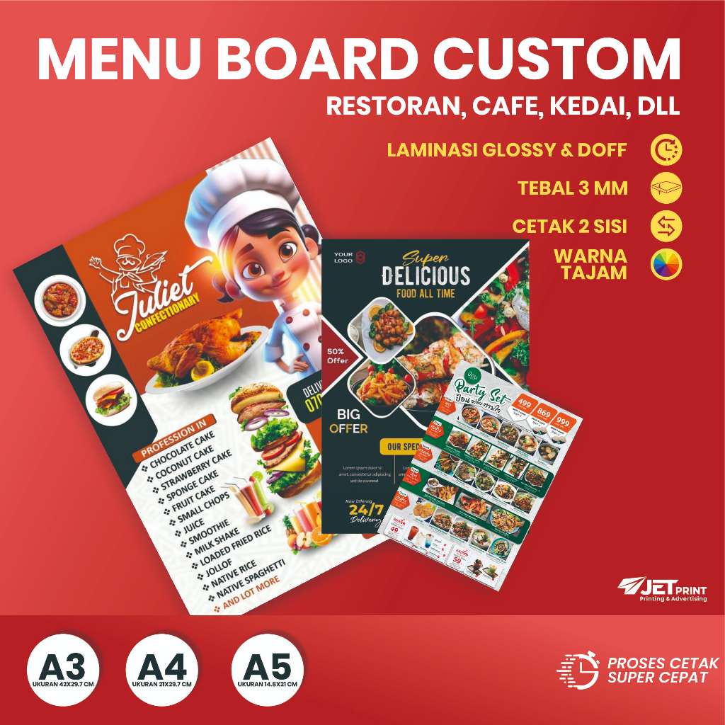 

Cetak Daftar Menu Board / Papan Menu / Menu Resto | UKURAN A3 / A4 / A5