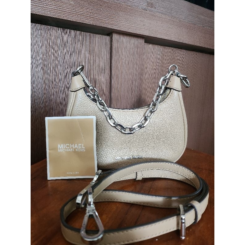 preloved MK Michael Kors Cora Mini Camel Pebbled Leather Zip Pouchette Crossbody Handbag