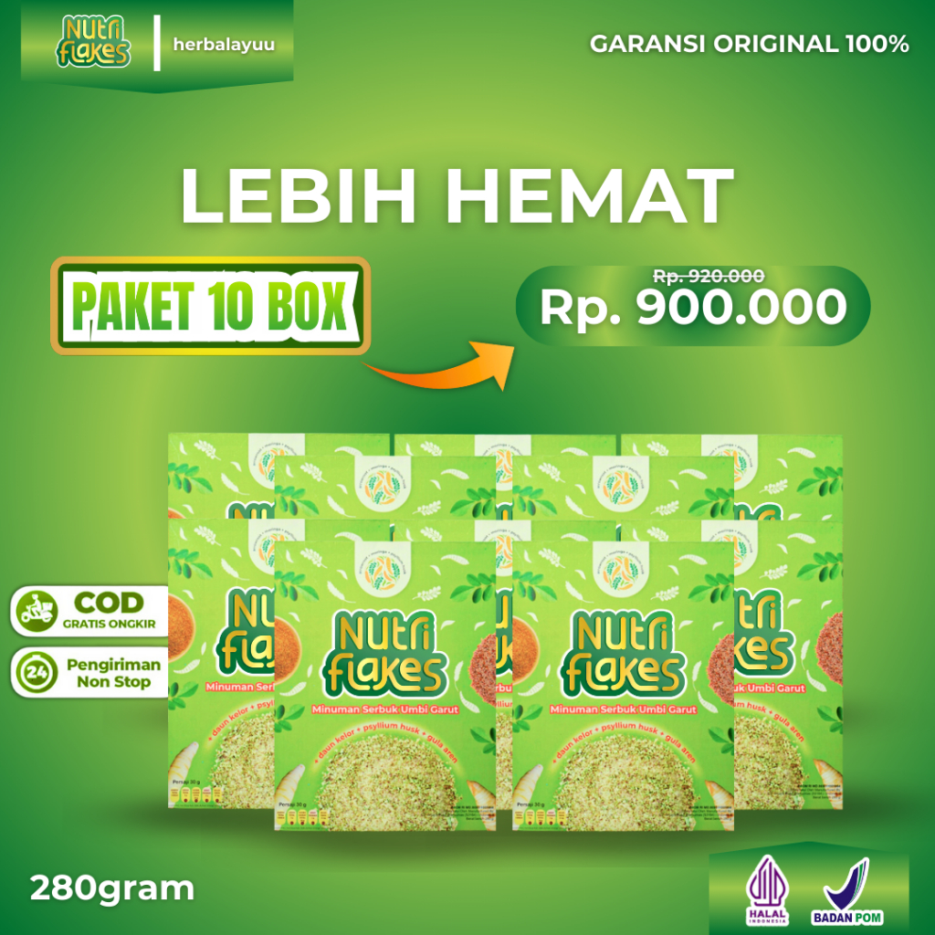 

Nutriflakes Original 100% PAKET 10 BOX Serbuk Umbi Garut Solusi Untuk Diet Sehat Tanpa Efek Samping